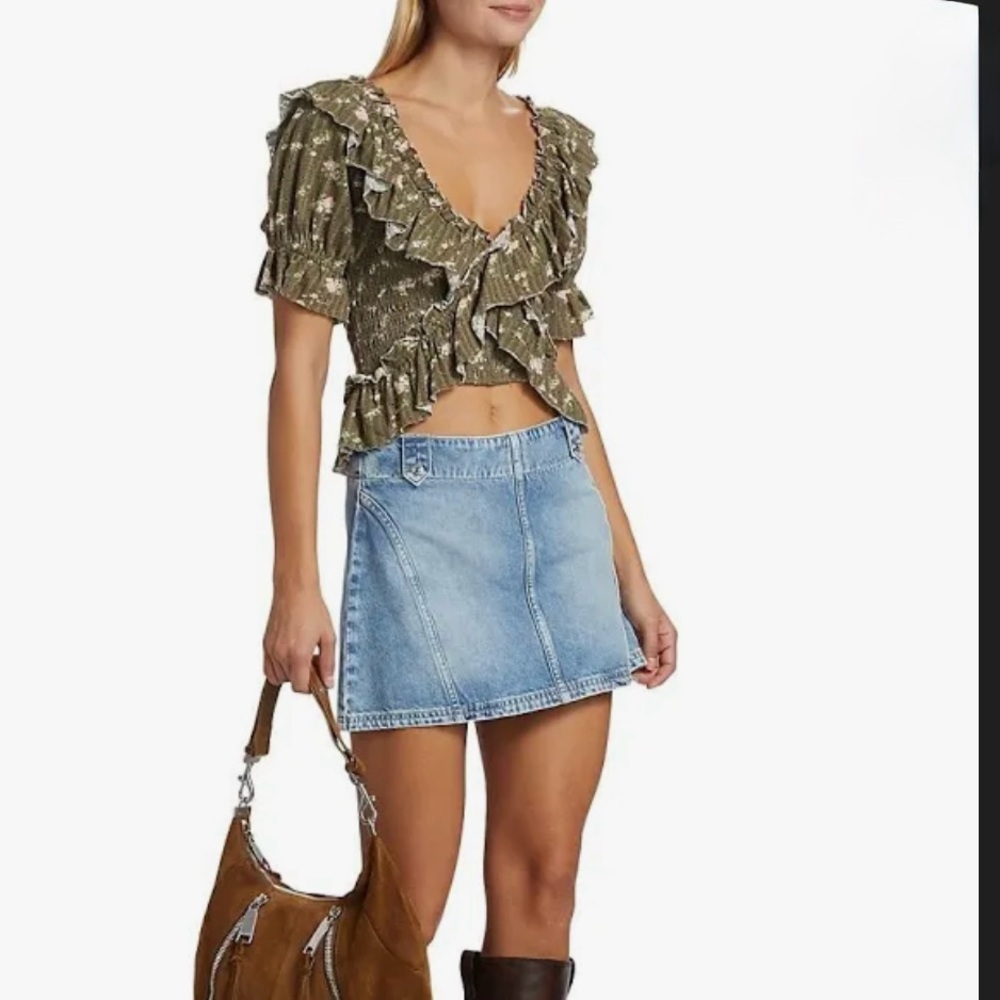FREE PEOPLE Favorite Girl Ruffle Crop Top - Olive Floral